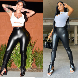 Cross-border Women's new sexy tight high elastic micro horn casual side slit strap PU leather pants in stock
