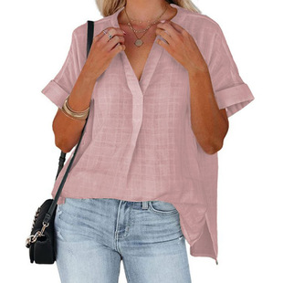European and American Women's 2023 Amazon Summer New Short-sleeved Thin V-neck Pullover Shirt Loose Shirt for Women