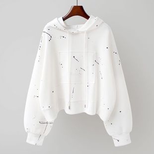Autumn 2022 New Hooded Long-sleeved Sweater Women's Korean-style Short Loose Fashionable Irregular Printed Pullover Top