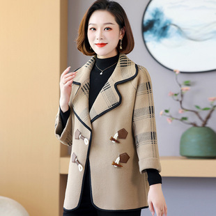Suit collar double-sided cashmere coat women's long tit coat 2024 autumn and winter new plaid knitted cardigan women