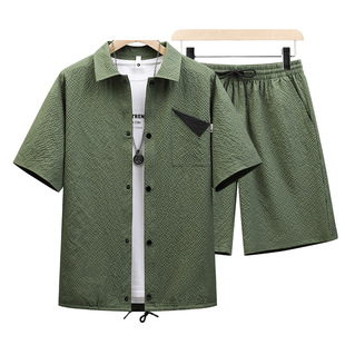 Summer Port Fashion Men's Patch Pocket Square Collar Short-sleeved Shirt Half-length Pants Set Fat plus size Loose Casual suit