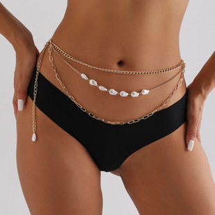 European and American cross-border jewelry fashion multi-layer artificial Pearl Rhinestone waist chain female sexy hot girl bikini body chain accessories