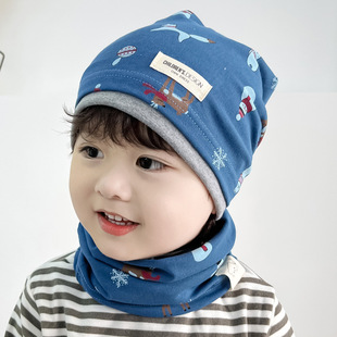 Autumn and winter new children's contrasting color pile cap baby windproof scarf 2-piece set for boys and girls cute knitted pullover cap