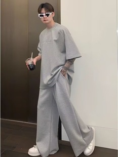 2024 Summer New Casual Sports suit Men's Short-sleeved T-shirt Trendy Brand Pants Loose Hong Kong-style Two-piece Set