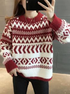 Red Christmas Western Style Soft Waxy Sweater Women's New Year Autumn and Winter Thickened Retro Loose Lazy Style Crewneck Sweater