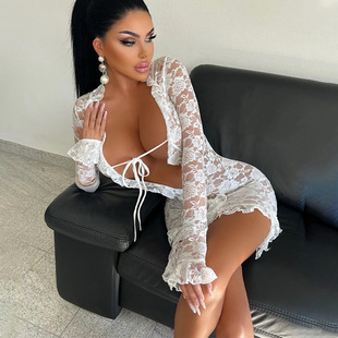 European and American women's new Amazon hot-selling hip skirt 2023 autumn and winter sexy lace ribbon stitching dress women