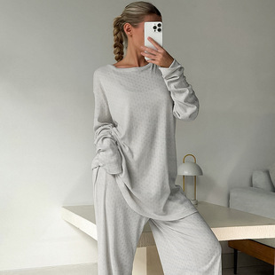 European and American Autumn New Comfortable Knitted Loose Casual Long Sleeve Pants Pajamas suit Cross-border Home Wear Women Wholesale