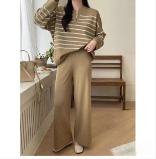 Fashionable suit Women's Korean-style Loose Striped Knitted Top Two-piece Casual High Waist Drop Sense Knitted Wide-leg Pants