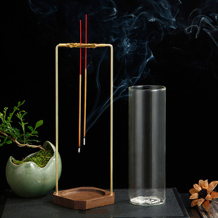 Solid Wood Double Clip Incense Burners Creative Incense Burners Octagonal Walnut Incense Plate Glass Inverted Incense Insertion Metal Wire Incense Clip