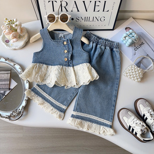 New Girls' Long Sleeve Shirt Spring and Autumn New Fashionable Sleeveless Denim Vest Trousers 2025 Children's suit