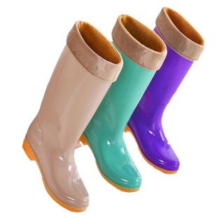 Women's high-top rain boots fashionable outdoor non-slip waterproof thick-soled rubber shoes for adults, long fleece-lined soft-soled rain boots