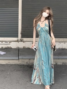 Xishuangbanna Thailand Retro Bohemian Halter Sling dress Women's Sexy Backless Seaside Holiday Dress