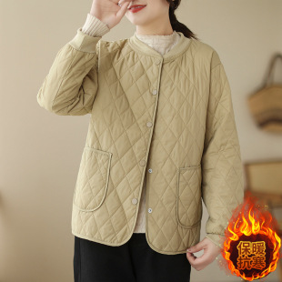 Real Shot Winter New Artistic Baseball Collar Short Quilted Rhombic Loose Jacket Cotton-padded Clothes Women