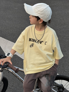 Design Boys Letter Short-sleeved Summer New Children's Side Bag Loose T-shirt Trendy Children's Wear Large Children's Top