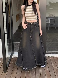 Plus size retro black gray frayed skirt Denim women's autumn American high waist slimming mid-length A- line skirt