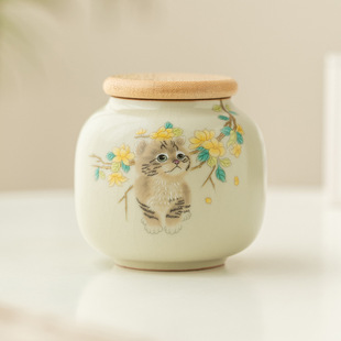 Moe Cat Ceramic Tea Cans Small Cans Portable Car Carry-on Storage Tea Cans Moisture-proof Sealed Tea Storage Cans Tea Cans