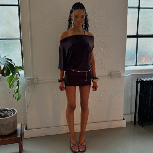 2025 Spring and Summer New Women's European and American Sexy Tube Top Asymmetrical Shoulder Pure Color Slim Fit Hip Short Dress