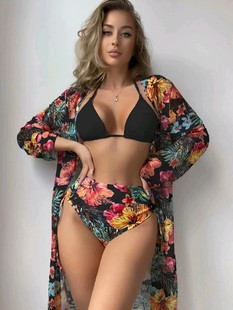 2025 New Russian Aliexpress Cross-Border European and American Export Printed Bikini Swimsuit Women's Three-Piece Set Amazon