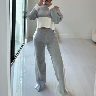 B9438 AliExpress Amazon European and American women's clothing contrast color stitching casual suit three colors optional