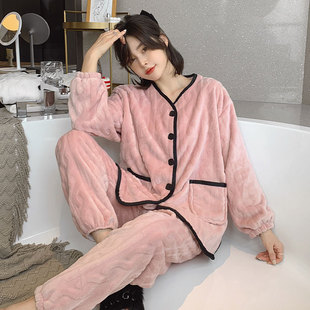 Autumn and Winter New Flannel Pajamas Women's Long Sleeve Lapel Cardigan Set Thickened Warm Home Wear