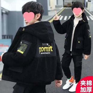 Children's Wear Boy's Coat Autumn and Winter 2024 New Boys Middle and Big Children's Cotton Thickened Lamb Velvet Hooded Top