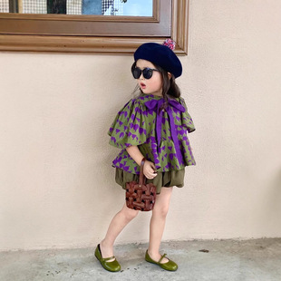 Korean style girls' summer full printed purple balloon bow doll shirt + dark green flower bud shorts suit separate