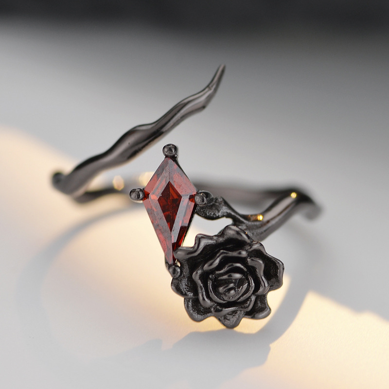 J1417 Korean Style Fashionable Niche Designer S925 Sterling Silver Black Rose Ring Women's Opening Diamond Finger Ring