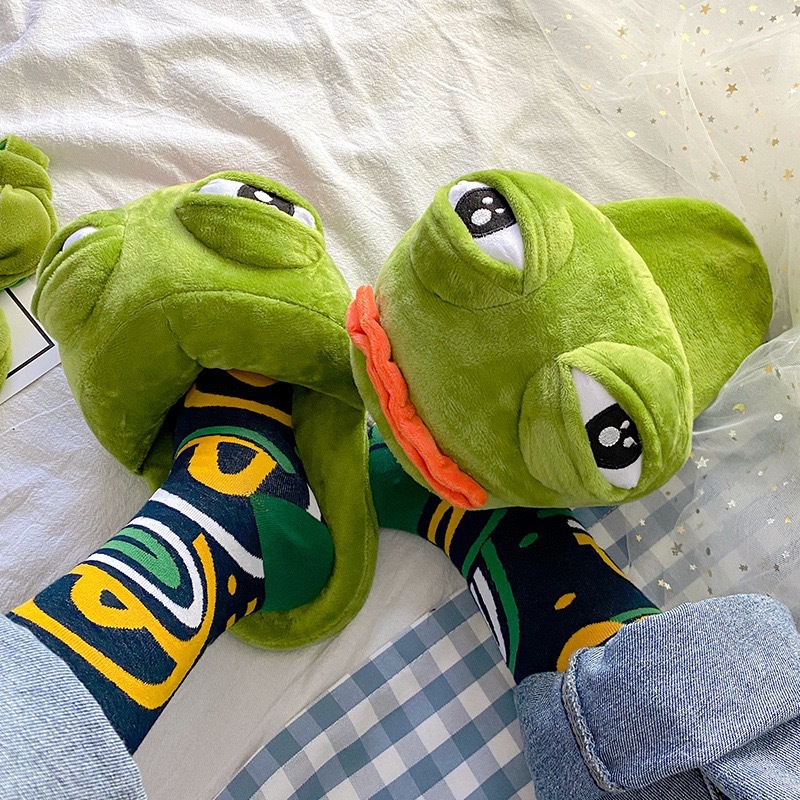 Cute frog trendy couple funny sad cotton slippers ugly cute winter anime frog slippers women's two-dimensional plush