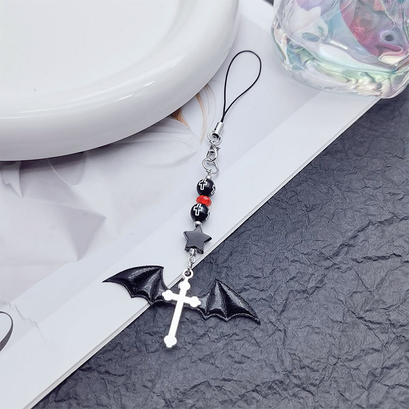 y2k Diablo Gothic Punk Devil Bat Wings Beaded Cross Card Book Goo Ben Chain Tide Cool Mobile Phone Chain