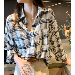 Early Autumn Top Women's Autumn 2022 New Retro Hong Kong Style Plaid Shirt Loose Outer Shirt Trendy
