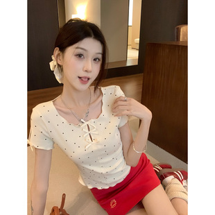 Summer 2025 Korean Style Women's Wear Round Neck Hollow Bow Age-reducing Polka Dot Pure Short-sleeved European and American Top T-shirt for Women