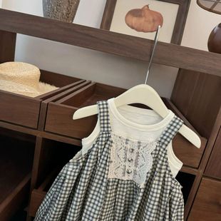 Cream Children's Wear Baby Girl Mori Lace Loose Stylish Fashionable Skirt High-end Color-matching Plaid Vest Skirt Trendy Style
