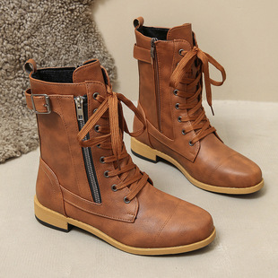 Wish Independent Station Foreign Trade plus size Casual Coarse-heeled Martins 2024 Autumn and Winter New Round Head Lace-up Short Boots