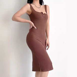Hot girl early autumn solid color cardigan back slit vest long skirt U collar wide shoulder strap waist tight hip sexy skirt wholesale