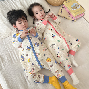 Baby's Pure Cotton Gauze Sleeping Clothes Boy's Long Sleeve Nightgown Children's Summer Sleeping Bag Thin Spring and Autumn Air-conditioning Clothes for Women