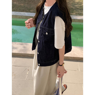 CHAO class recommend! Super good texture ~ Korean retro atmosphere denim blue waistcoat vest jacket