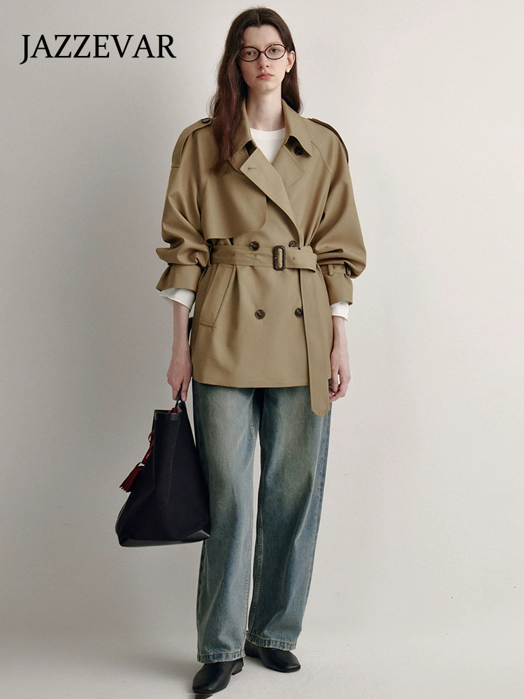 Women's Trench Coat for Spring and Autumn, Korean and British Style, Short Style for Petite Figures, Waist-Cinching, Slimming Effect, Jia Zehua in Stock