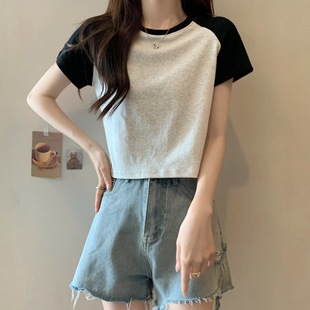 Summer 2024 New Color Contrast Slim-fit Short Sweet Hot Shoulder T-shirt Women's Short-sleeved High Waist Cropped Top