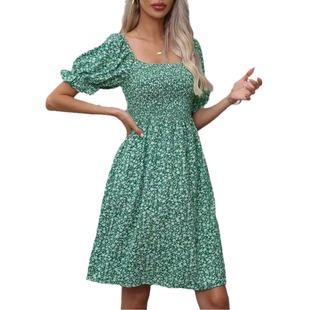 Amazon Independent Station European and American Cross-border Export Square Collar Floral Small Fresh and Sweet Wrapped Chest Short Dress