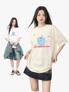 Fun Apple Printed T-shirt Women's 2024 Summer New Loose Pure Cotton Korean Style Laid-back Style Age-reducing Short Sleeve Top
