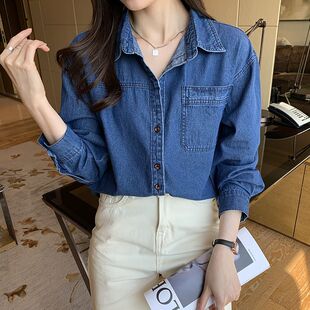 2023 New Top Hong Kong Style Blue Denim Shirt Design Sense Niche Japanese Shirt Coat Women's Autumn and Winter