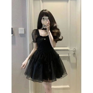 Bubble Sleeve Black dress Women's Summer French High-end Elegant Puffy Princess Skirt Waist Short Skirt