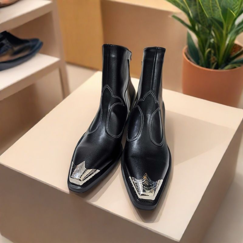 2025 New Autumn and Winter Elastic Slim Boots Thick Heel Elegant Metal Pointed Toe Boots Men and Women British Style Short Boots