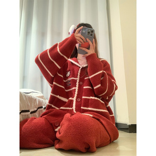 Girl's Cute HelloKitty Long Sleeve Pajamas Women's Winter Thickened Knitted Shirt Paid Pants Home Clothes suit