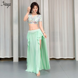 Belly dance clothing 2024 new practice clothes printed mesh dress suit oriental dance table performance clothing group clothing