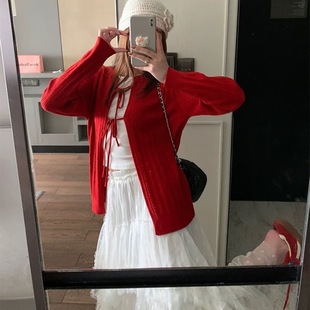 Im to Soft Waxy Mulberry Silk Wool Blended Hollow Strap Knitted Cardigan Women's Spring Round Neck Mid-length Knitted Sweater