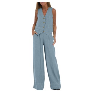 2024 European and American Cross-border Hot Selling New Fashion Vest Pants Collage Splicing Cotton and Linen Casual Suit
