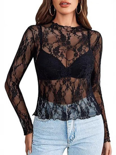 Cross-border Amazon Independent Station European and American 2025 New Transparent Shirt Perspective Lace Long Sleeve Base Shirt Top for Women