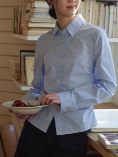 Spring 2025 New Intellectuals Style Wrinkled Waist Small Blue Long Sleeve Shirt