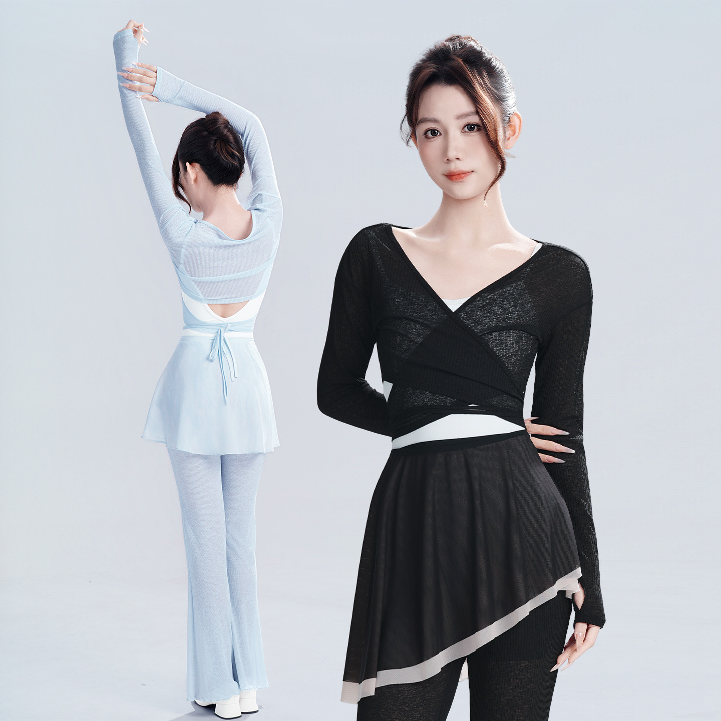 New adult dance top for women, mesh ballet vest practice wear, thin gauze cover-up with front cross and long sleeves